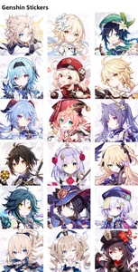 Detailed grid of 18 Genshin Impact cartoon chibi character stickers for DIY jewelry making