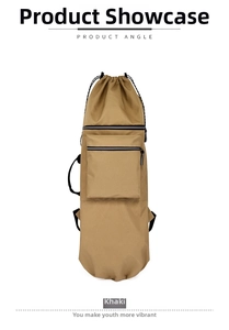 Detailed view of khaki waterproof skateboard bag with drawstring closure and sturdy handles
