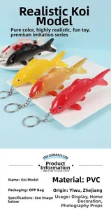 Detailed overhead view of assorted PVC koi fish keychains arranged on a white ceramic plate