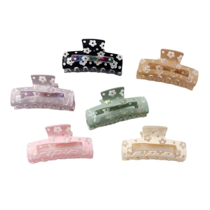 Floral print hair claw clip set for women with six assorted colors on white background