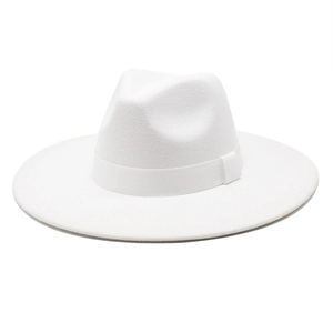 Classic white wool wide brim fedora hat with elegant ribbon trim for women and men
