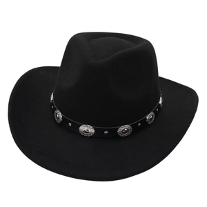 Western Cowboy Hat Felt Wide Brim Vintage Fedora With Leather Belt Silver Metal Conchos Jazz Style Sun Hat