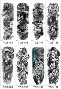 Grid display of eight black and white full arm waterproof tattoo stickers with item codes