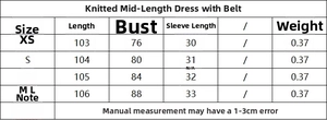Guide des tailles pour robe midi en maille avec ceinture incluant mesures de poitrine