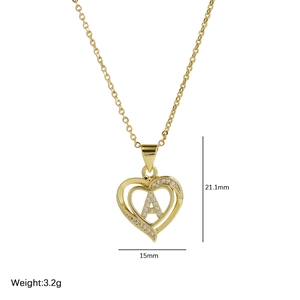 18k gold heart pendant necklace with crystal letter A, size 21.1mm x 15mm, 3.2g