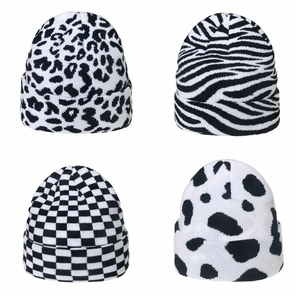 Winter Knitted Beanie Hat For Women Men Leopard Cow Zebra Checkerboard Pattern Warm Acrylic Cuffed Skull Cap Outdoor