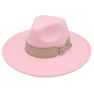 Detailed view of the pink wide brim fedora hat featuring a khaki leather belt buckle strap