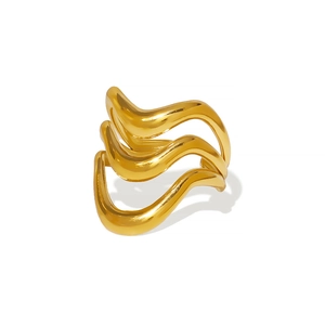 Polished 18K gold-plated stainless steel hollow wavy layered open ring for women