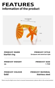 Detailed technical drawing of starfish and shell ring with adjustable size measurements
