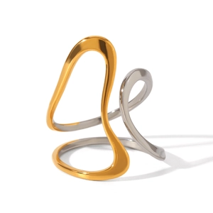 Detail of two-tone stainless steel ring featuring fluid abstract geometric design