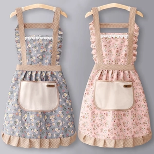 Waterproof floral cotton aprons in grey and pink with lace trim and H-shaped straps