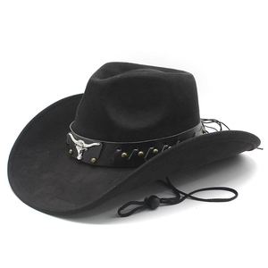 Classic black suede western cowboy hat featuring silver bull head emblem and chin strap
