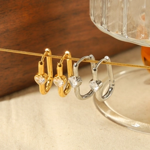 U Shaped Hoop Earrings Stainless Steel 18K Gold Plated With Heart Cubic Zirconia Geometric Jewelry For Women