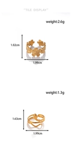 Detail display of golden floral and snake rings with specific weight and size parameters
