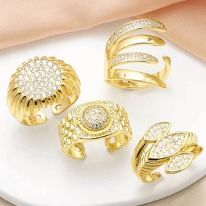 Gold Plated Copper Open Rings With Zircon Adjustable Vintage Geometric Round Square Leaf Layered Finger Jewelry Women