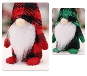 Detail of Christmas gnomes featuring red and green plaid hats with soft plush beards