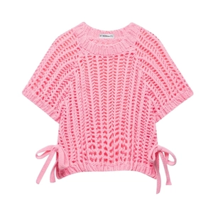 Detailed view of pink short sleeve hollow knit top with side ribbon bow ties and V-weave pattern