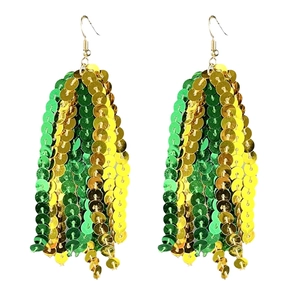 Sparkling green and gold sequin tassel drop earrings with metallic hooks for fan celebrations