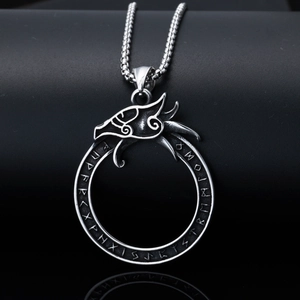 Silver dragon pendant necklace with Nordic runes and Ouroboros design on black base
