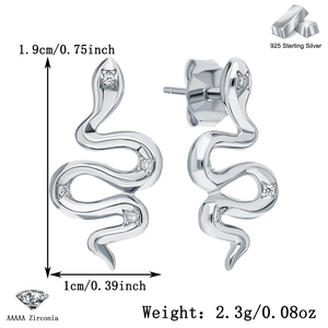 Detail view of S925 sterling silver snake earrings with AAAAA zirconia and size dimensions
