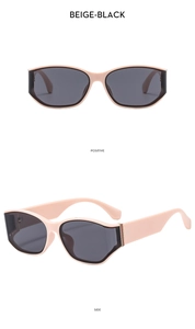 Detailed views showing the beige frame and black lenses of fashionable wide-leg sunglasses
