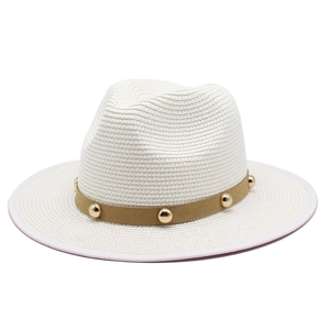 White woven Panama sun hat with camel band and gold studs, UV protection for summer style