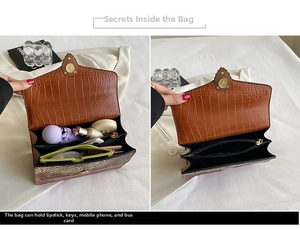 Internal compartments of brown crocodile pattern crossbody bag with storage view