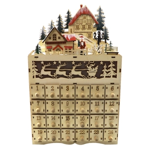 Wooden Christmas Advent Calendar 24-Day Countdown with Village Scene and Reindeer Sleigh