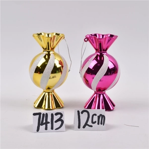 Detail view of 12cm gold and pink glitter candy cane ornaments with silver hanging strings