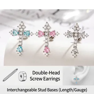 Cross Cartilage Earring Stud Copper Titanium Steel Heart Zircon Screw Back Body Piercing Jewelry For Women