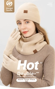 Close-up of winter knit set featuring thick fleece lining and snowflake leather patch