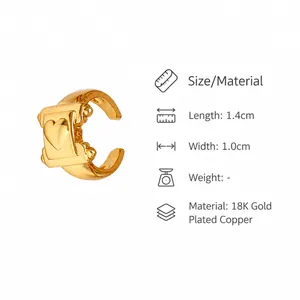 Close-up of 18K gold plated heart ear cuff showing dimensions 1.4cm by 1.0cm