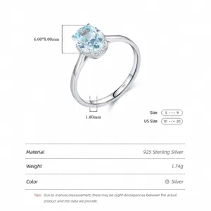 S925 sterling silver ring featuring a 6x8mm light blue oval gemstone on white background