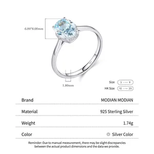 S925 sterling silver ring featuring a 6x8mm light blue oval gemstone on white background