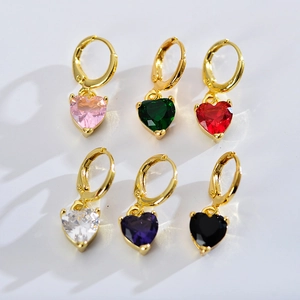 Detailed display of six gold hoop earrings with multi-colored heart-shaped zircon charms