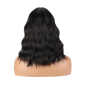 Short wavy black wig for women with natural water wave texture and glossy finish