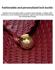 Macro detail of burgundy woven leather bag with round gold metallic lock buckle