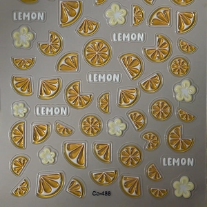 3D relief lemon and flower nail stickers with yellow citrus slices and white petals
