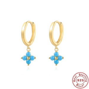 Detailed macro view of S925 sterling silver four-leaf clover earrings with blue beads