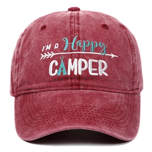 Vintage washed red baseball cap featuring Happy Camper embroidery and tent icon