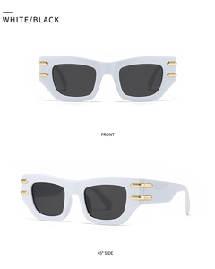 Vue de face et de profil de lunettes œil de chat blanches avec verres noirs et détails dorés