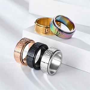 Detail of spinning stainless steel rings with Greek meander patterns in five finishes