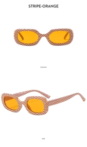 Front and side views of orange zigzag pattern retro sunglasses with orange lenses