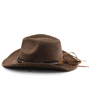 Close-up of dark brown suede western cowboy hat featuring two-tone braided hatband decoration