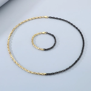 Two-tone black and gold 5mm bamboo link necklace and bracelet set in sleek titanium steel