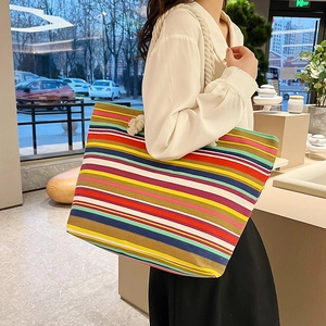Large capacity striped canvas tote bag with thick cotton rope handles for women
