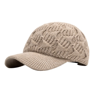 Women's warm cable knit baseball cap in khaki, thick winter thermal visor hat