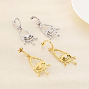 Evil Eye Drop Earrings Stainless Steel With Artificial Pearl Hollow Out Bohemian Ethnic Style Jewelry For Women Fashion Accessory