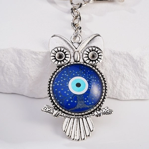 Silver metal owl keychain with blue evil eye and tree of life glass charm pendant