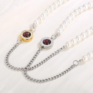 Chic pearl necklaces with purple gemstone pendant and Cuban link chains in gold and silver